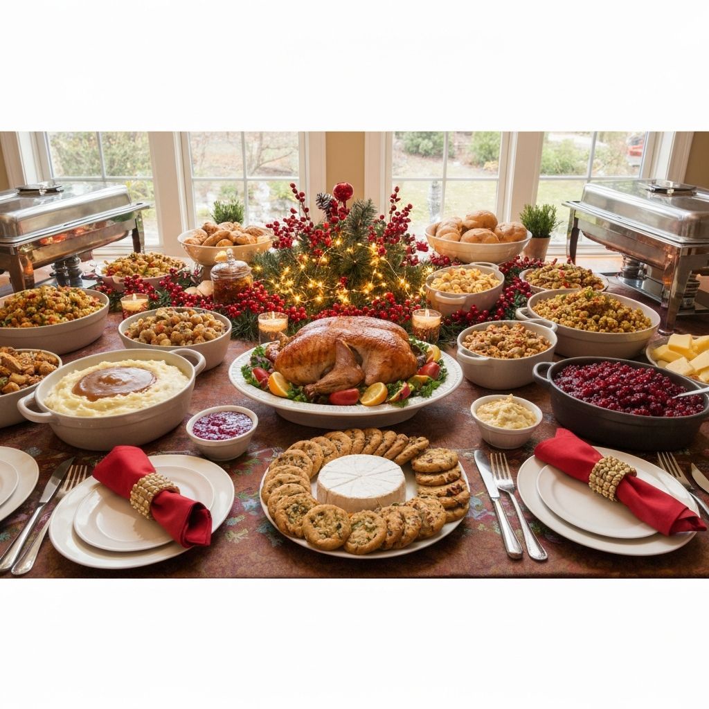 Thanksgiving feast: Turkey, side dishes, served on a table with place settings, two serving stations in background.