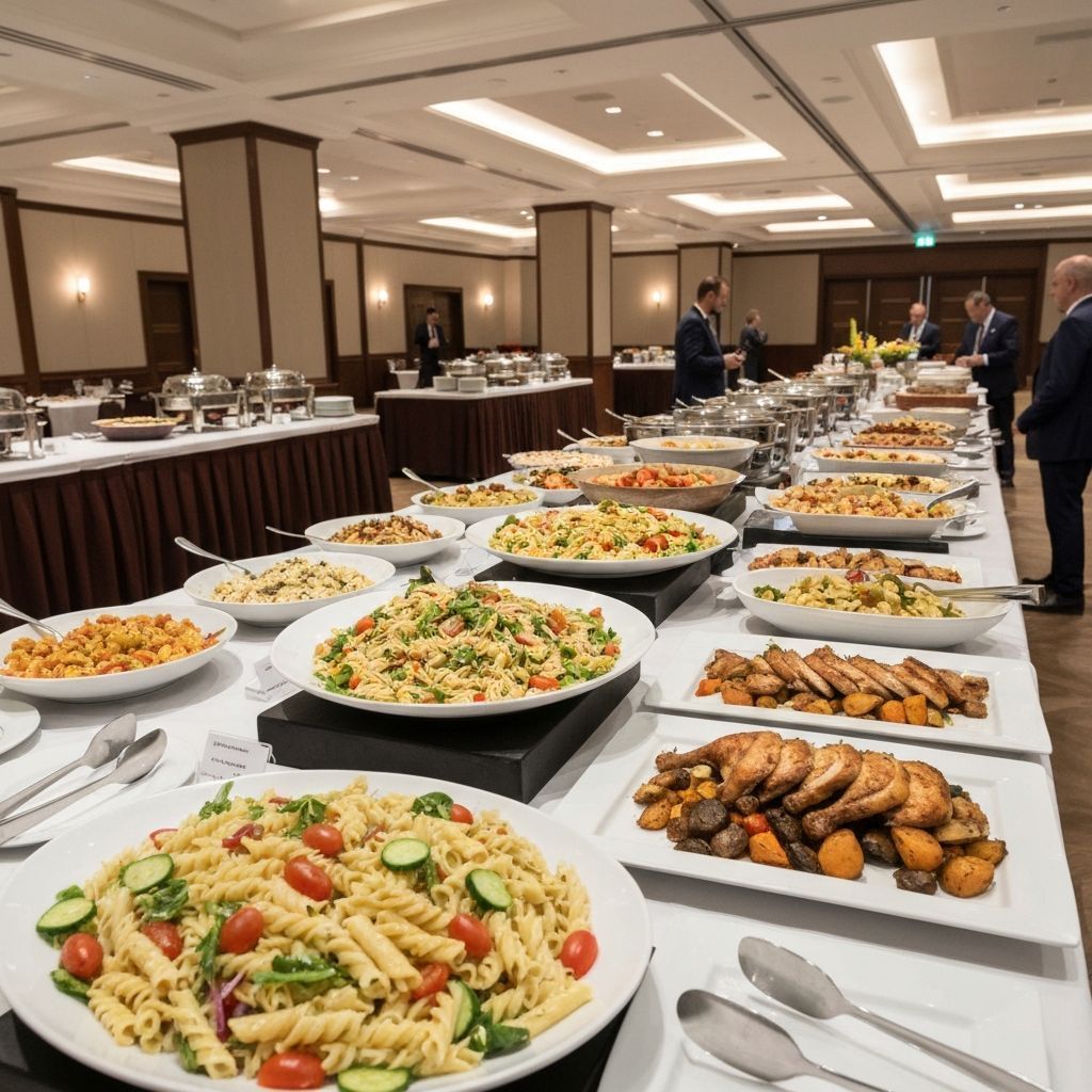 Buffet table with various food dishes; people in suits stand nearby. Indoors.
