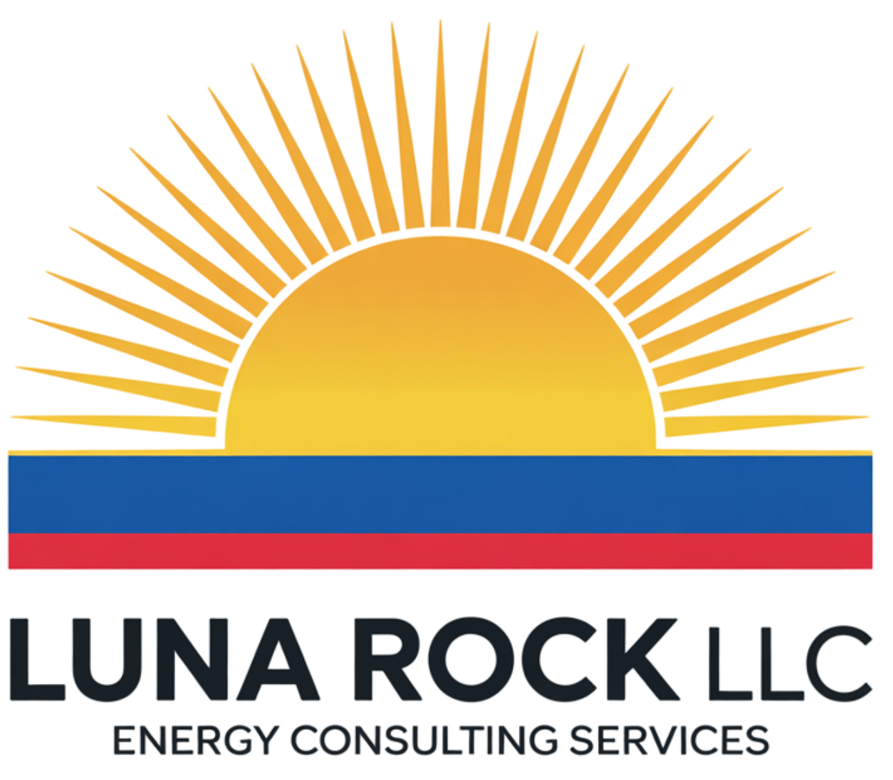 Logo: Yellow sun rising over a blue and red bar, 