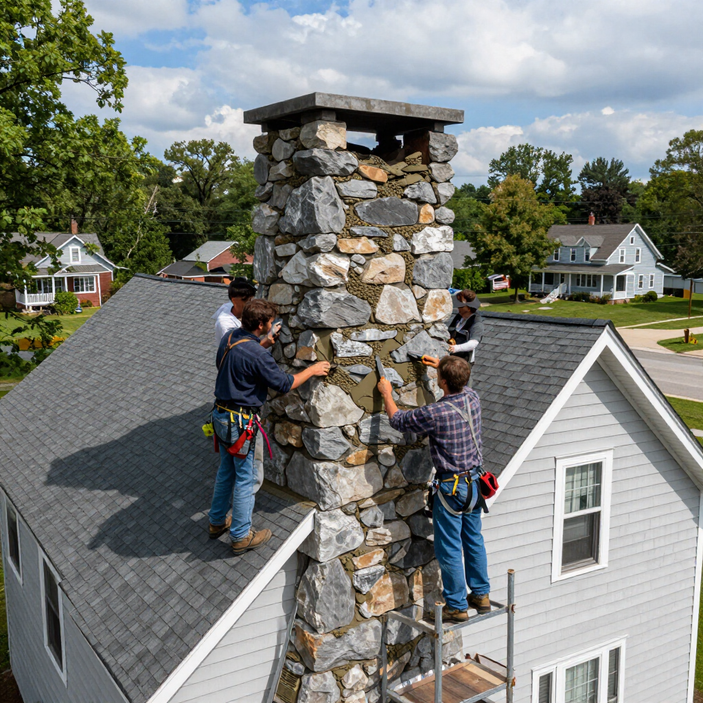 Two workers in work clothes on a roof and scaffolding repair a gray stone chimney on a house exterior.