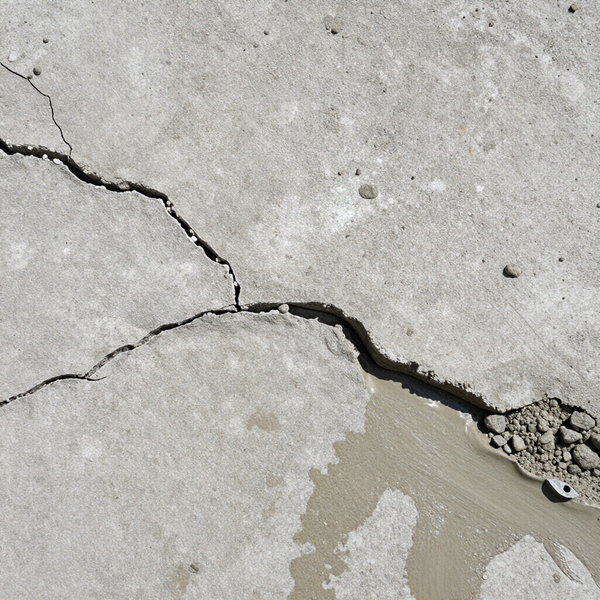 A close-up view of a cracked gray concrete surface, with rubble and a small gap visible along the fracture.