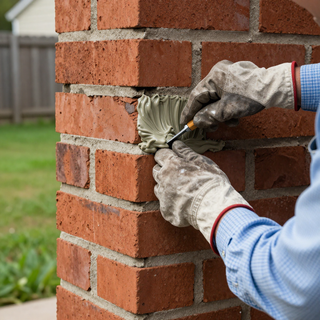 A person wearing work gloves uses a tool to apply mortar between bricks on a wall.