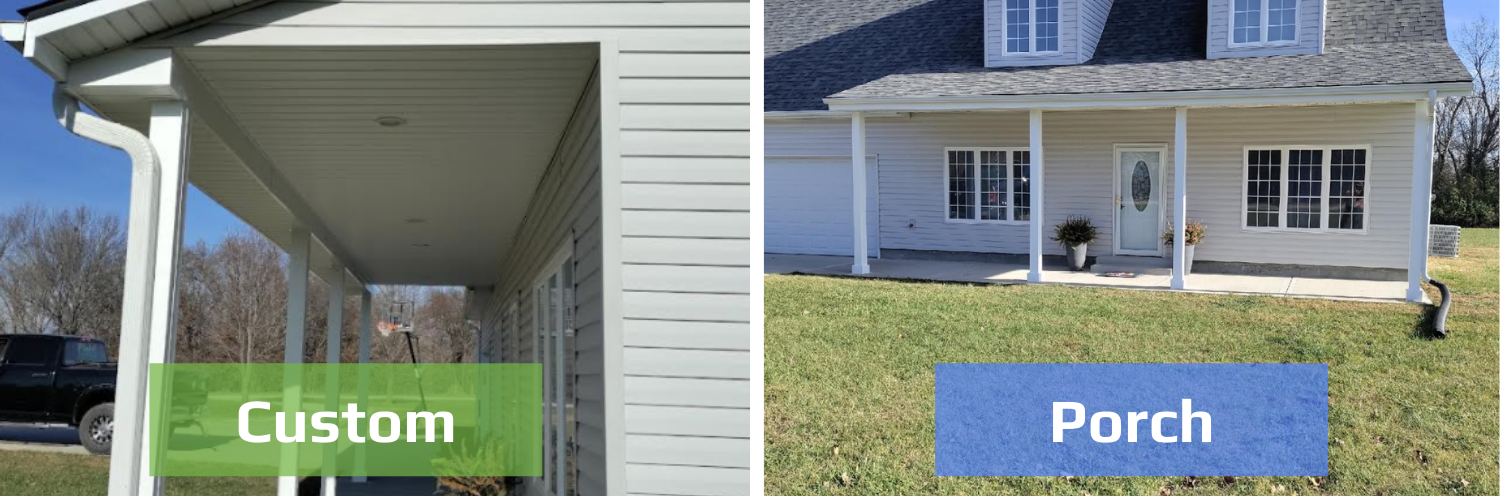 A split-screen view showing a side detail of a white porch ceiling on the left and the exterior of a white house.