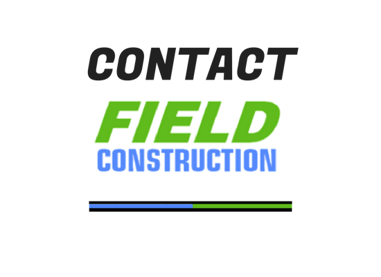 Logo for Contact Field Construction, featuring text in black, green, and blue above a horizontal line with blue and green.
