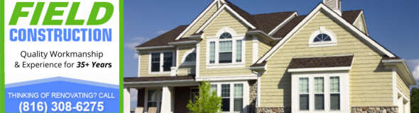 Construction company advertisement with a beige house, company name, experience, and phone number (816) 308-6275.