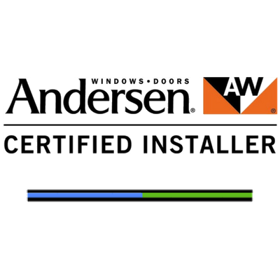 Andersen Certified Installer logo with brand name, AW icon, and a blue and green progress bar.