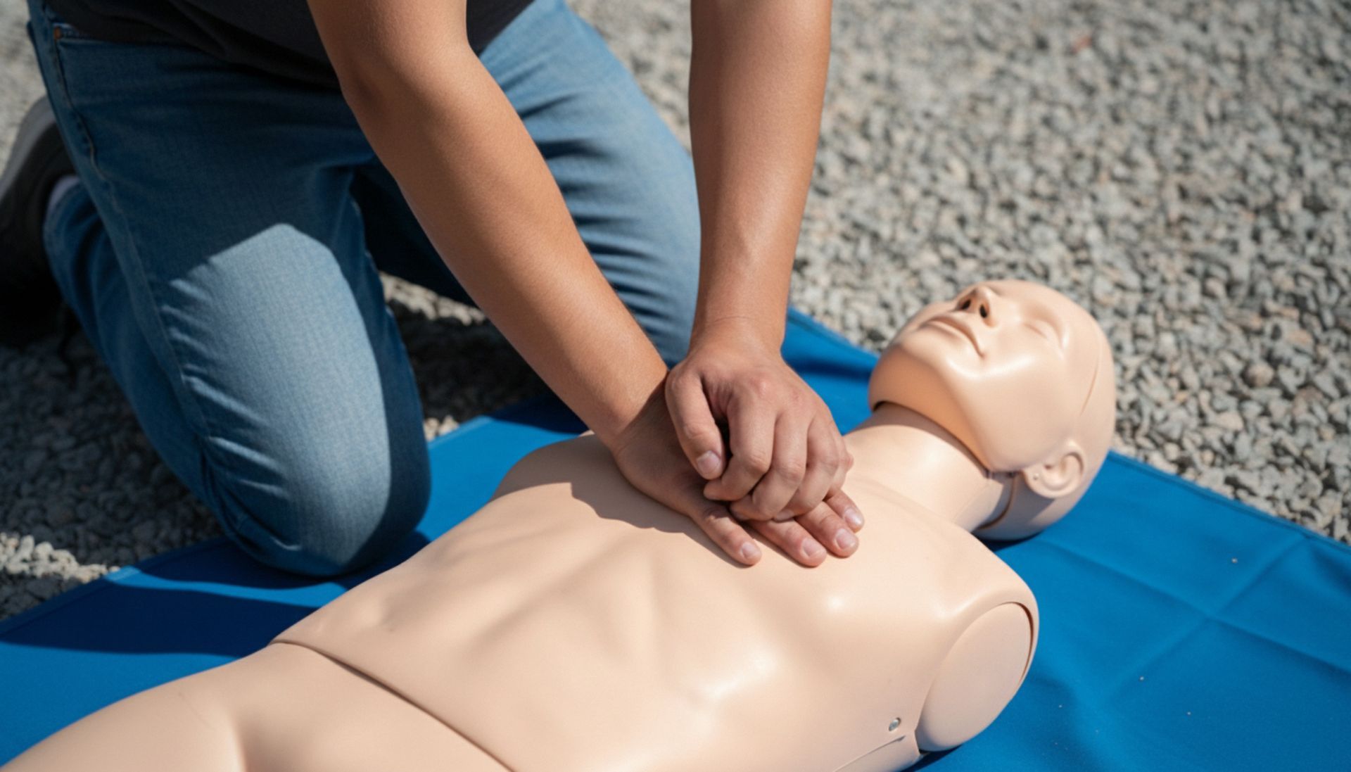 Person performing CPR chest compressions on a training manikin. Person performing CPR chest compressions on a training manikin.