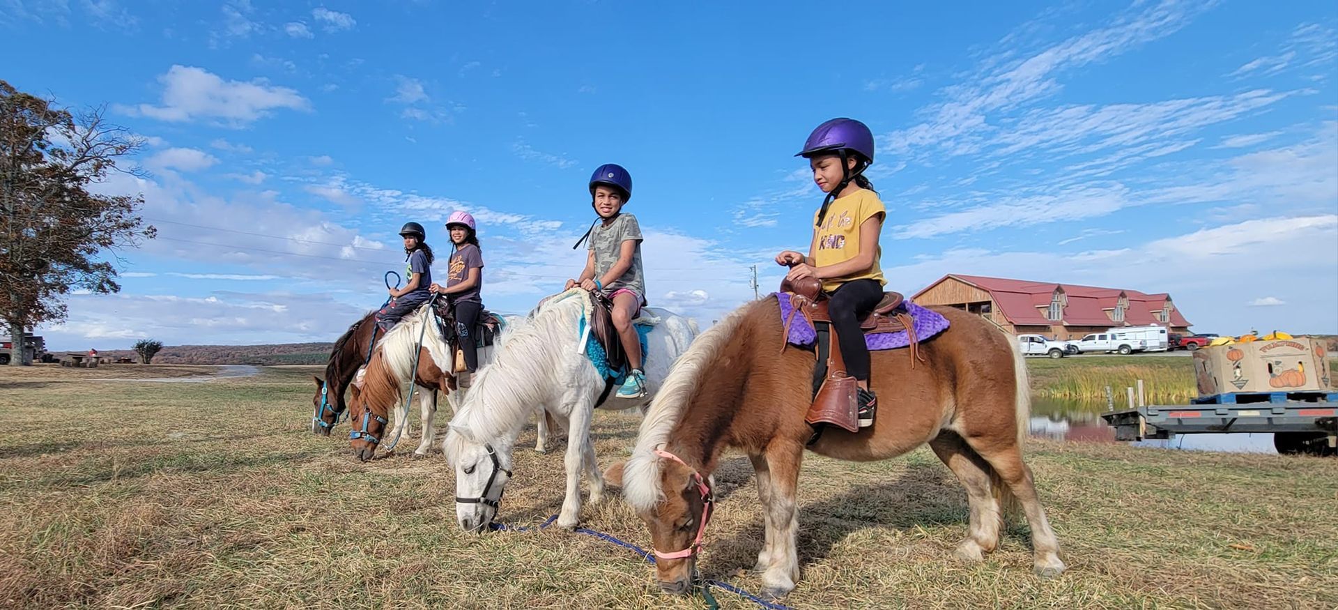 A group of children are riding ponies in a field.