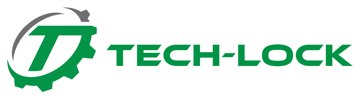 A green and white logo for a company called tech-lock.