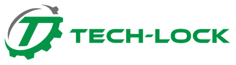 A green and white logo for a company called tech-lock.