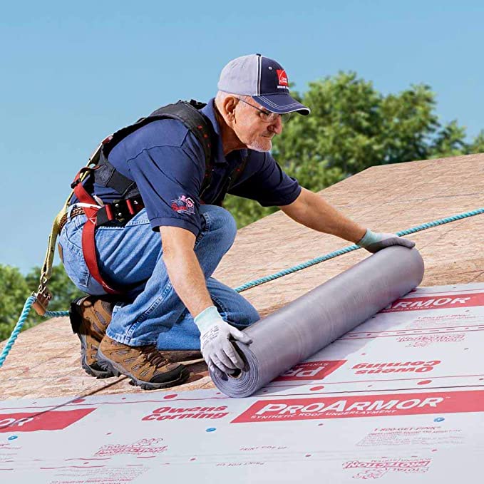 Synthetic underlayment has a tough and durable construction with an extremely high tear strength com