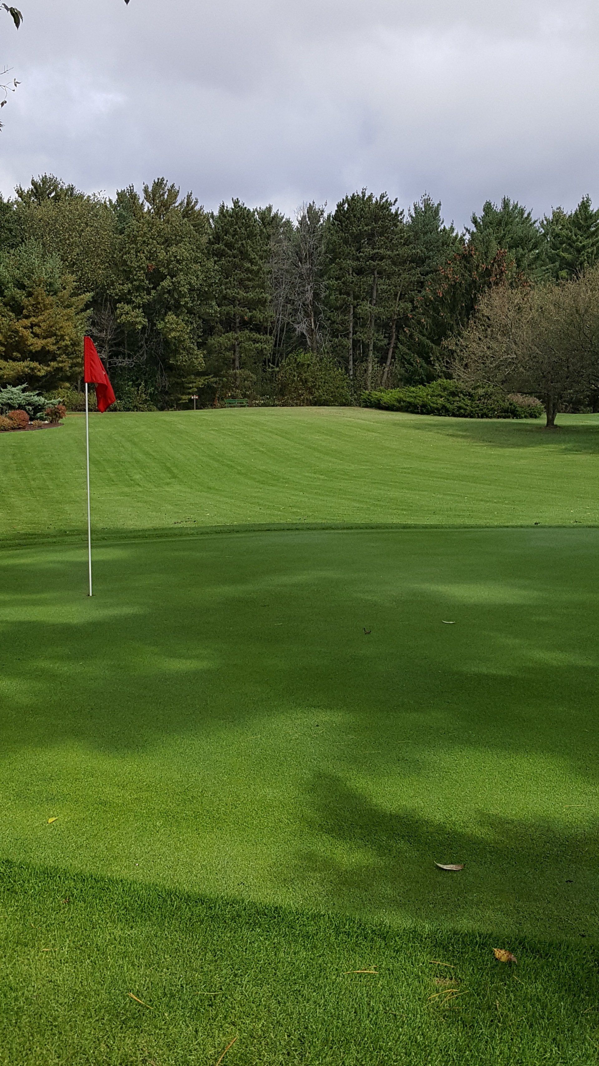 a golf course with a red flag pole on the ground