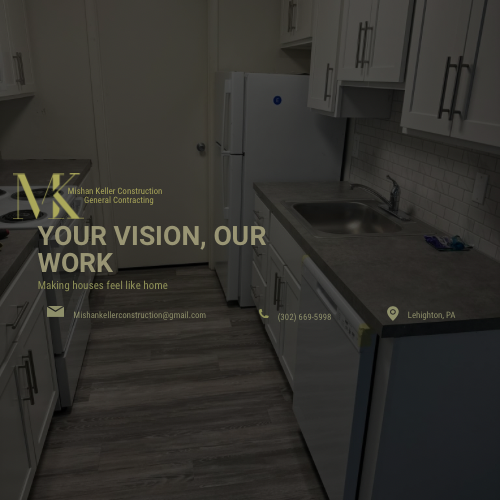 Kitchen remodel with white cabinets, dark countertops, and gray flooring. "Your Vision, Our Work" text.