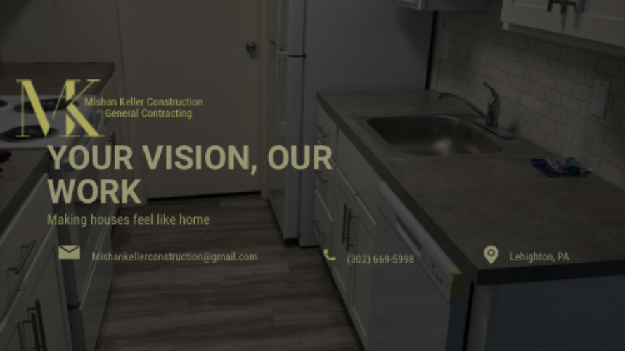 Kitchen renovation; gray countertop, white cabinets, text: