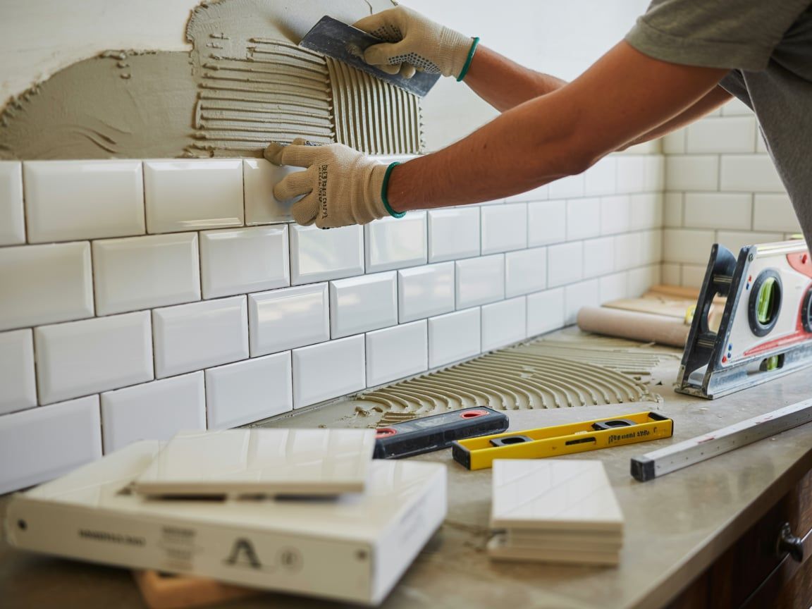 Person tiling white subway tiles on a wall, using a trowel and level.