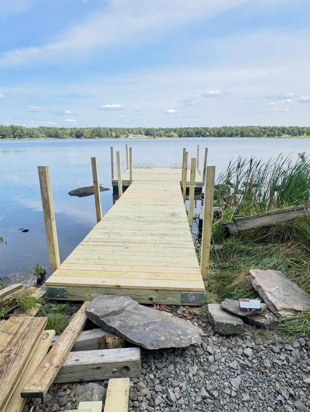 Wooden dock extending into calm lake under blue sky.
