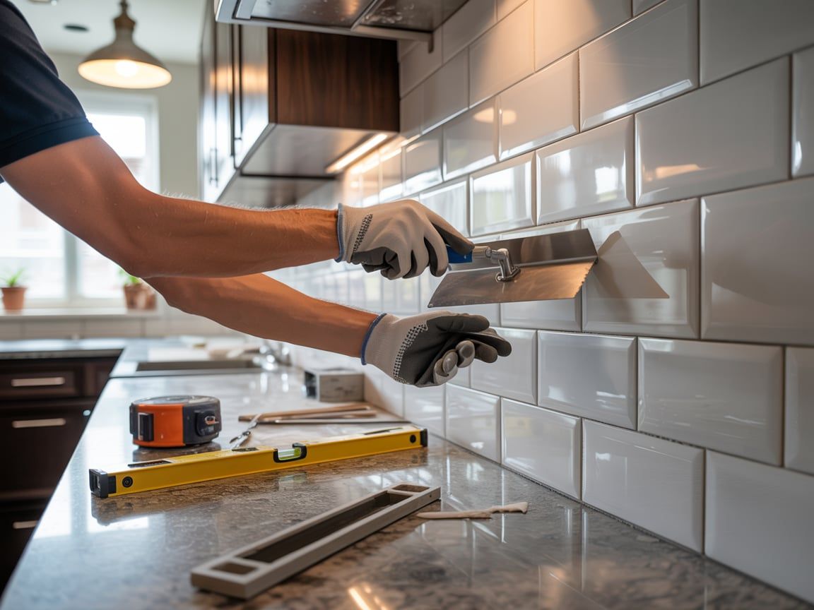 Person tiling a kitchen backsplash with white tiles, using a trowel.