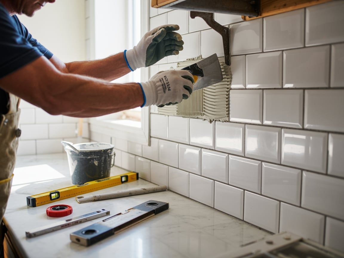 Man tiling a backsplash, applying grout with a trowel. White subway tiles, tools on counter.