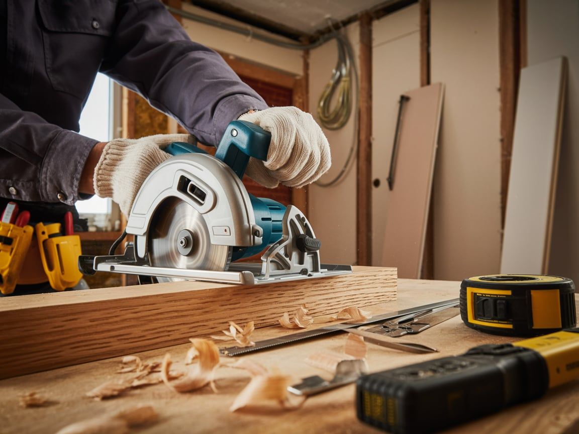 Person using a circular saw to cut wood on a workbench; woodworking project.
