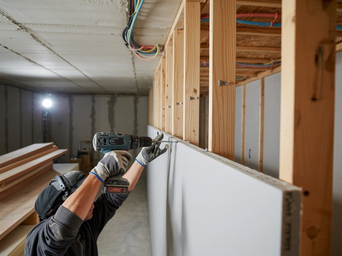 Person in gloves drills drywall onto wooden studs in a basement during construction.