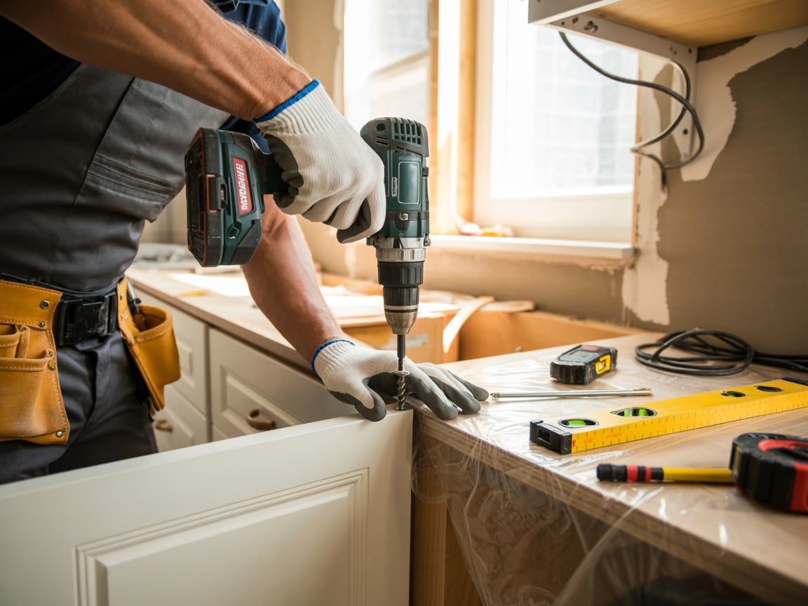 Person in gloves using a drill to install a cabinet door in a kitchen setting.