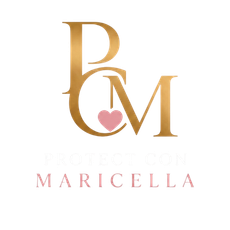 Gold monogram &ldquo;BM&rdquo; with a pink heart and the name &ldquo;Maricella&rdquo; beneath it