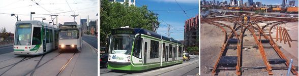 A collage of three pictures of a train going down the tracks.