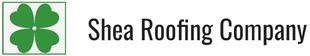 A logo for shea roofing company with a green clover