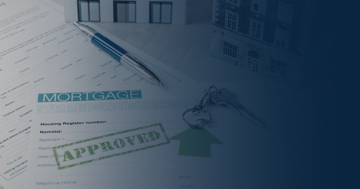 A mortgage approval document with a pen and keys, overlaid with a green house-shaped graphic.