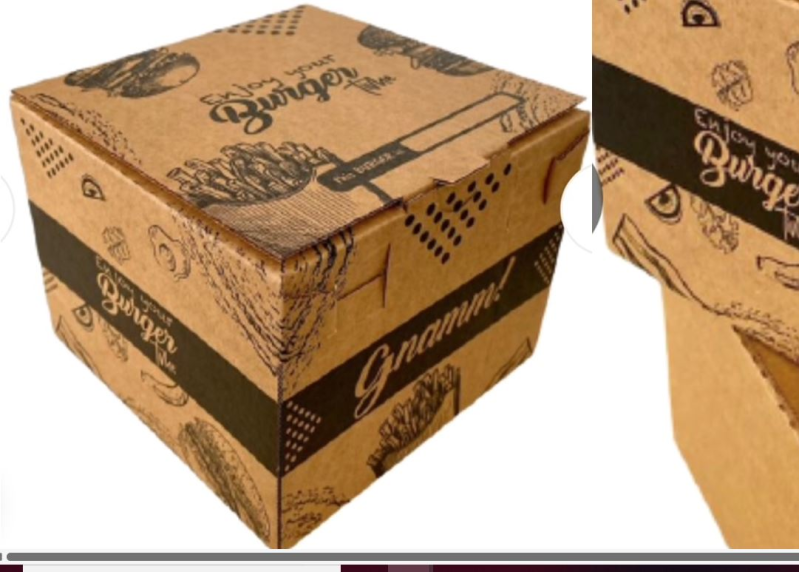 Scatola marrone per hamburger con scritta