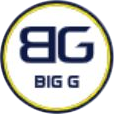 Logo: lettere "BG" blu scuro sovrapposte, in un cerchio con bordo giallo, testo "BIG G" in basso.