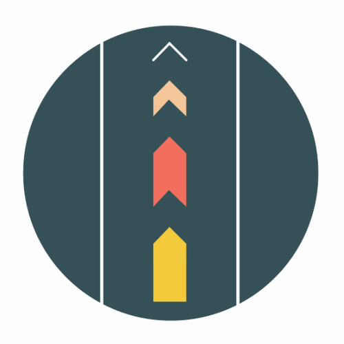 Road with lane markings and upward-pointing arrows in yellow, coral, peach, and white.