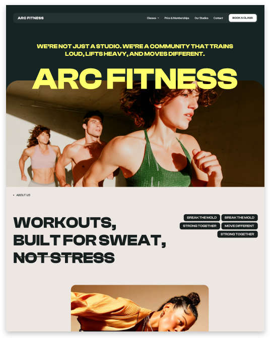 Website promoting Arc Fitness with people exercising; includes text 