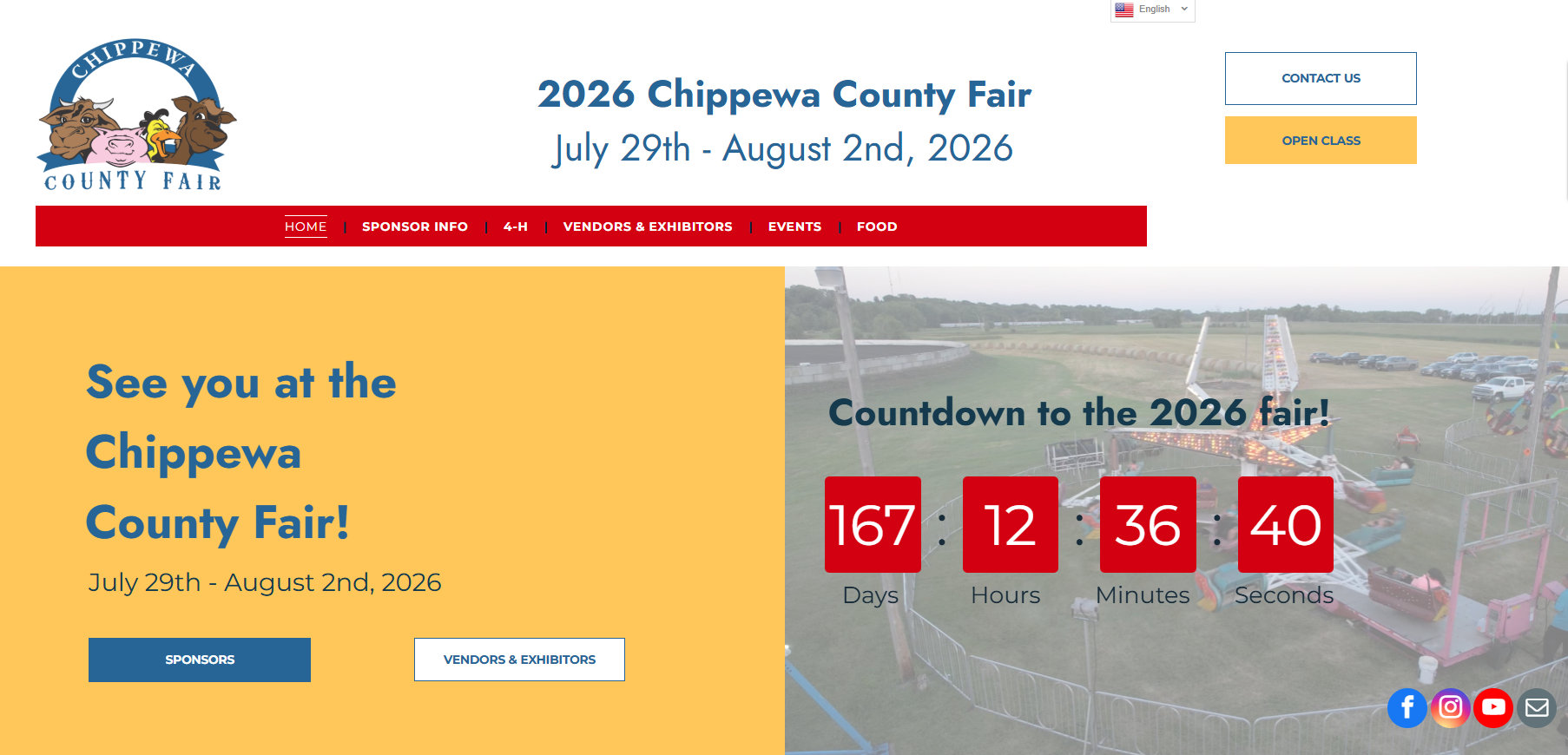 Website for the Chippewa County Fair announces dates, July 29th - August 2nd, 2026. Countdown displays 167 days.