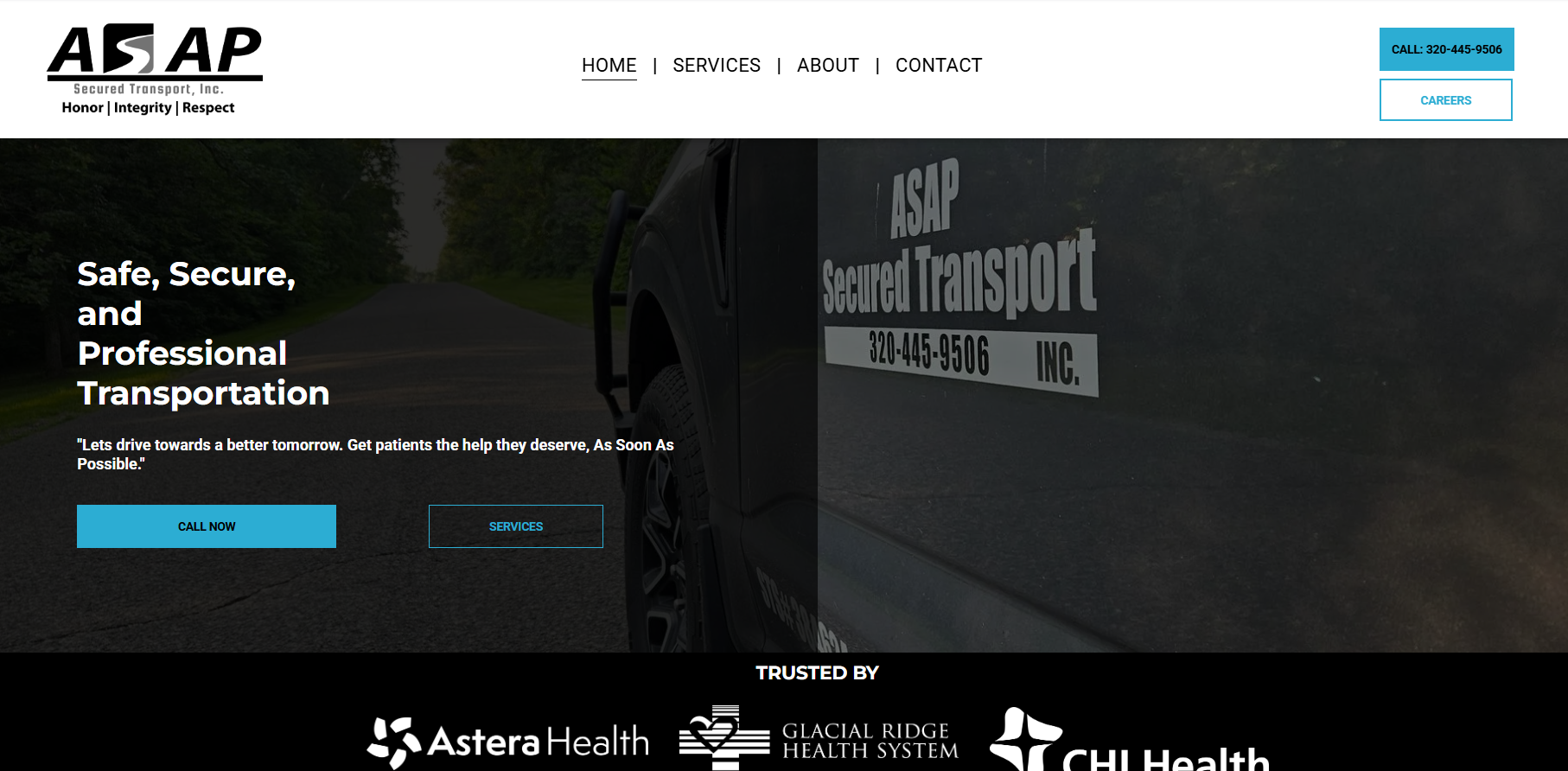 ASAP Secured Transport website homepage. Features a vehicle and text about transportation services.