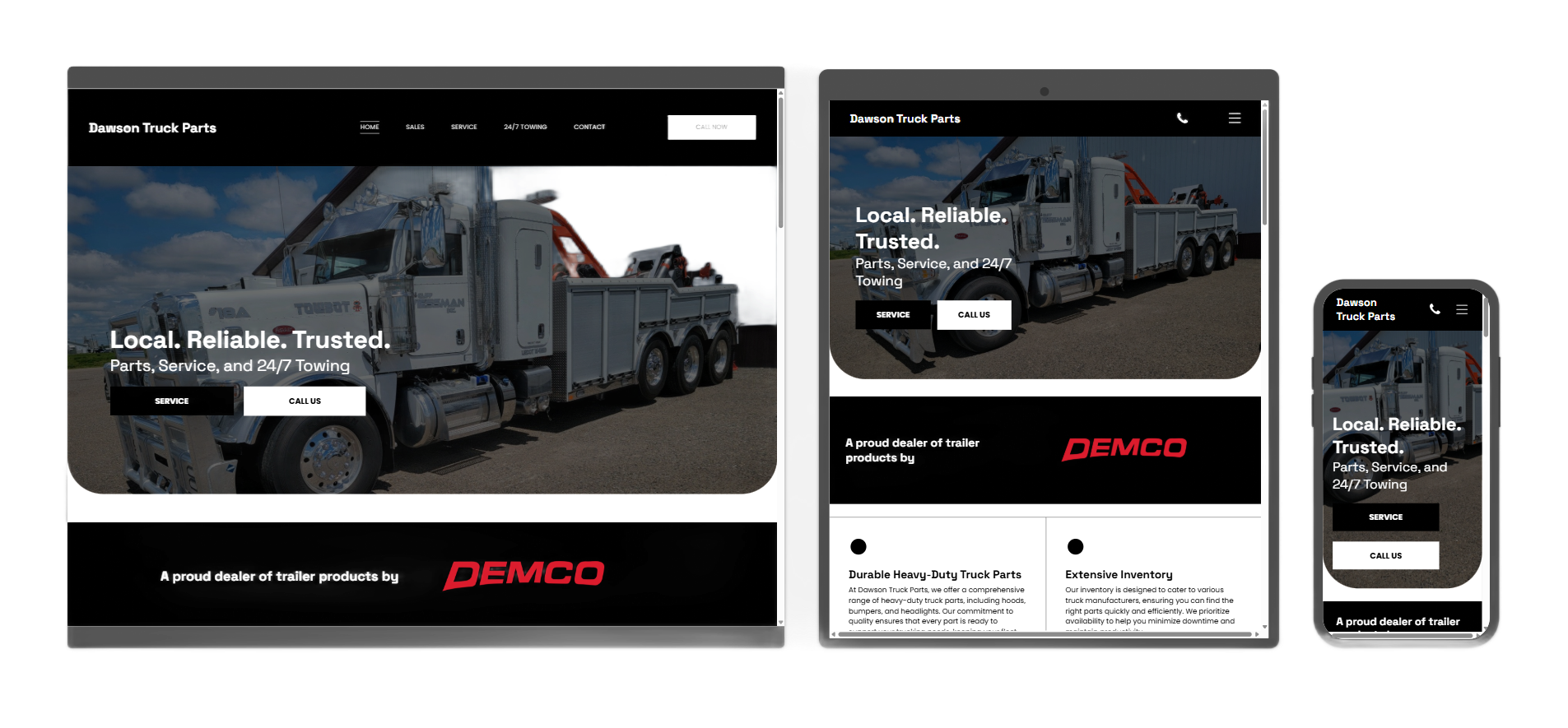 Website showcasing towing services, responsive design on desktop, tablet, and mobile.