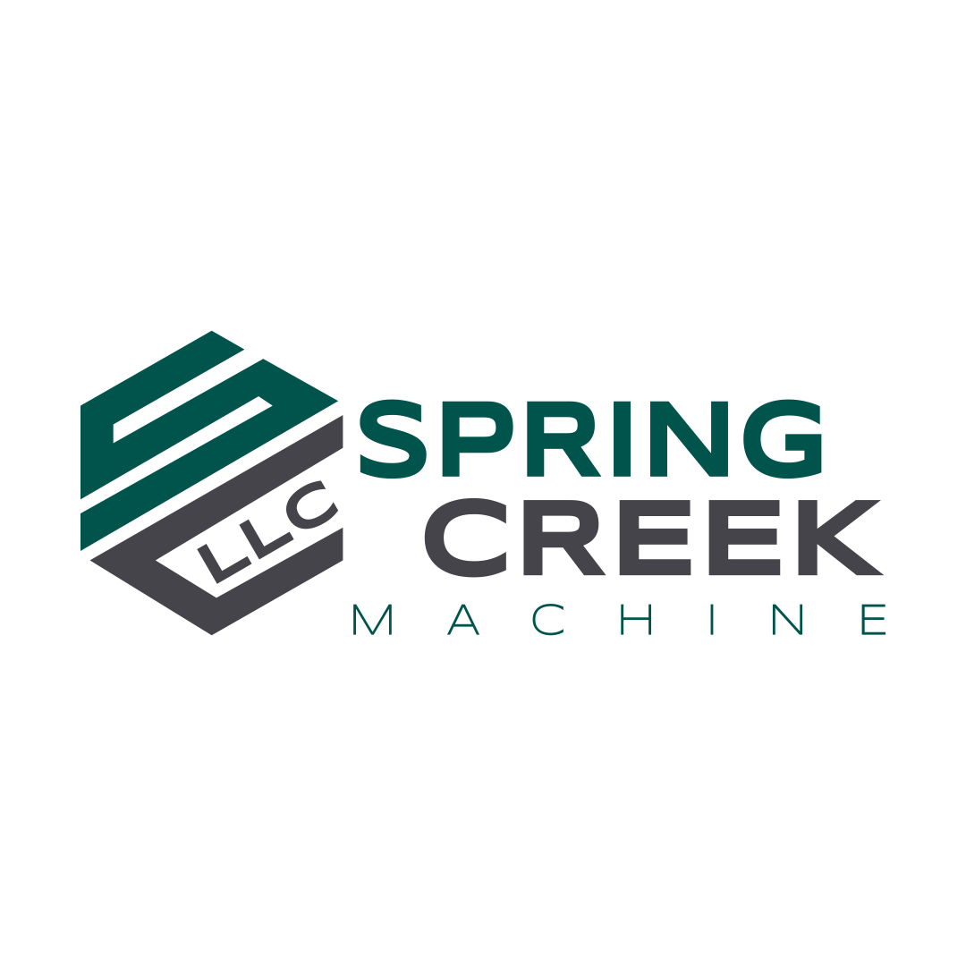 Logo for Spring Creek Machine LLC; features green and gray geometric shape and text.