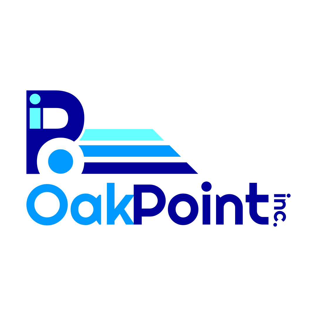 OakPoint Inc. logo. Blue and white text, abstract letter 