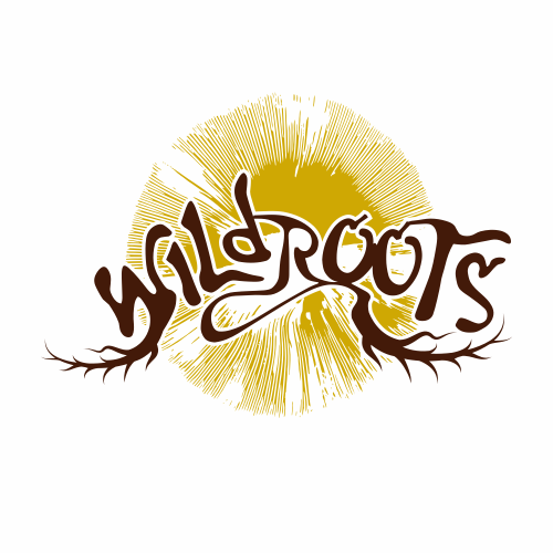 Wildroots logo with brown text over a gold sunburst background, roots extending from the word.