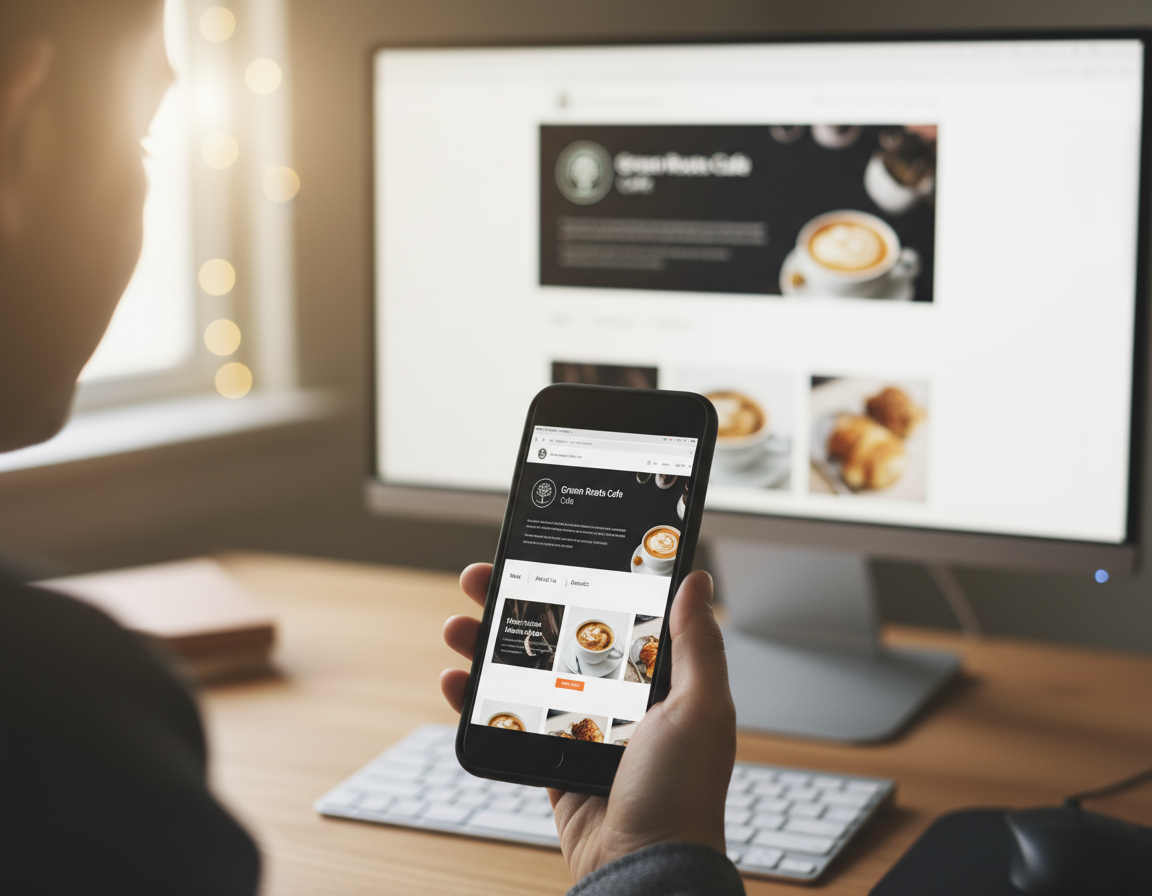 Person using a smartphone and desktop computer, both displaying the Dragon Bean Cafe website.