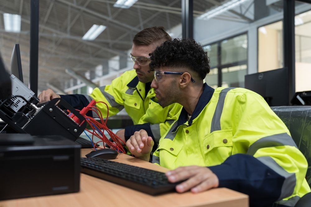 team of male engineers working on a cable assembly 