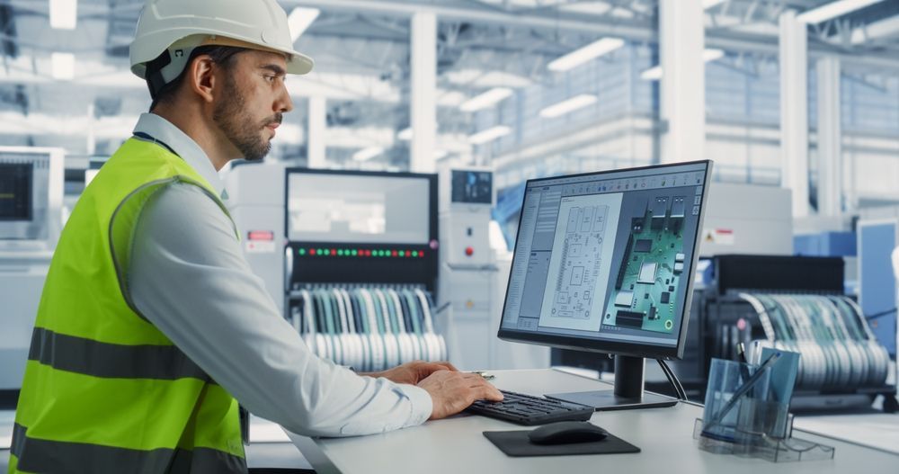 A person wearing a hard hat and safety vest works at a computer in a manufacturing facility.