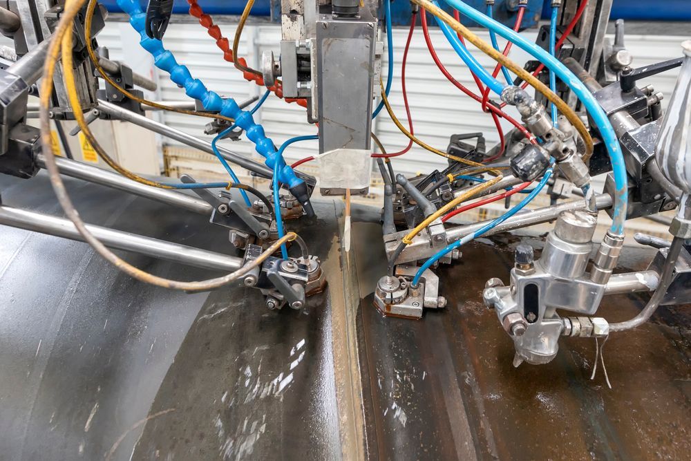 Robotic welding apparatus welding a metal pipe with multiple nozzles.