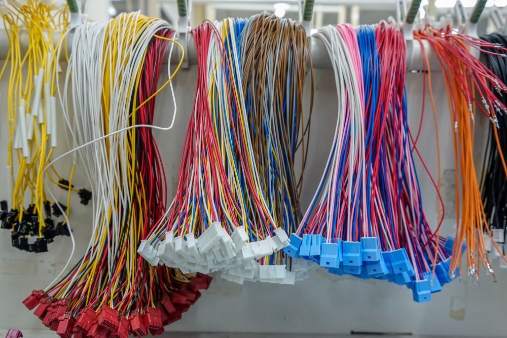 Bundles of colorful electrical wires hanging on a rack, ready for use.