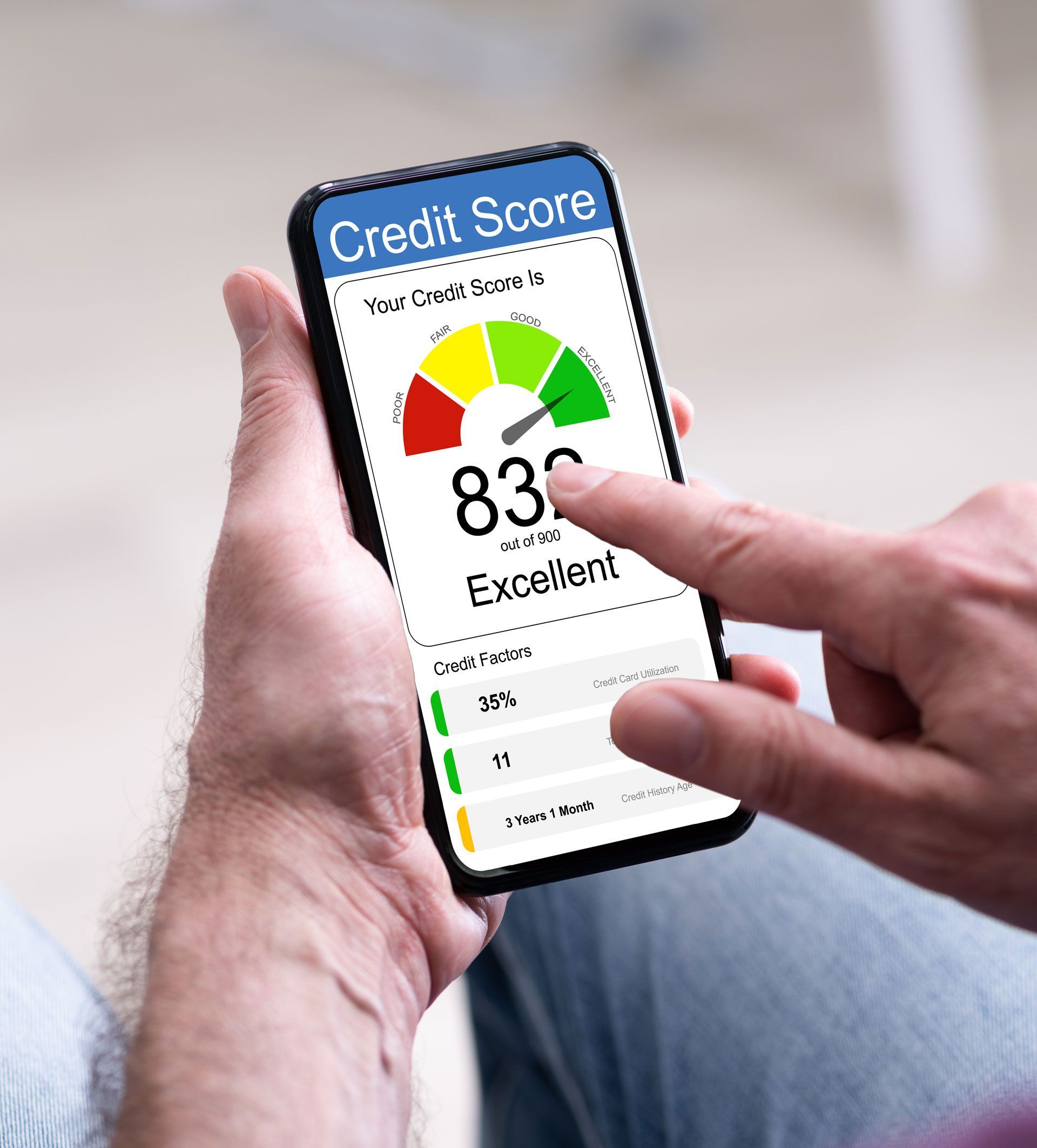 smartphone showing excellent credit score of 830 on credit monitoring app