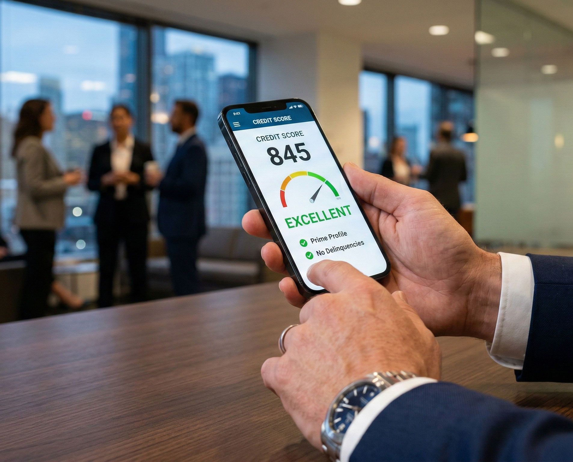 person holding smartphone displaying excellent credit score on credit monitoring app