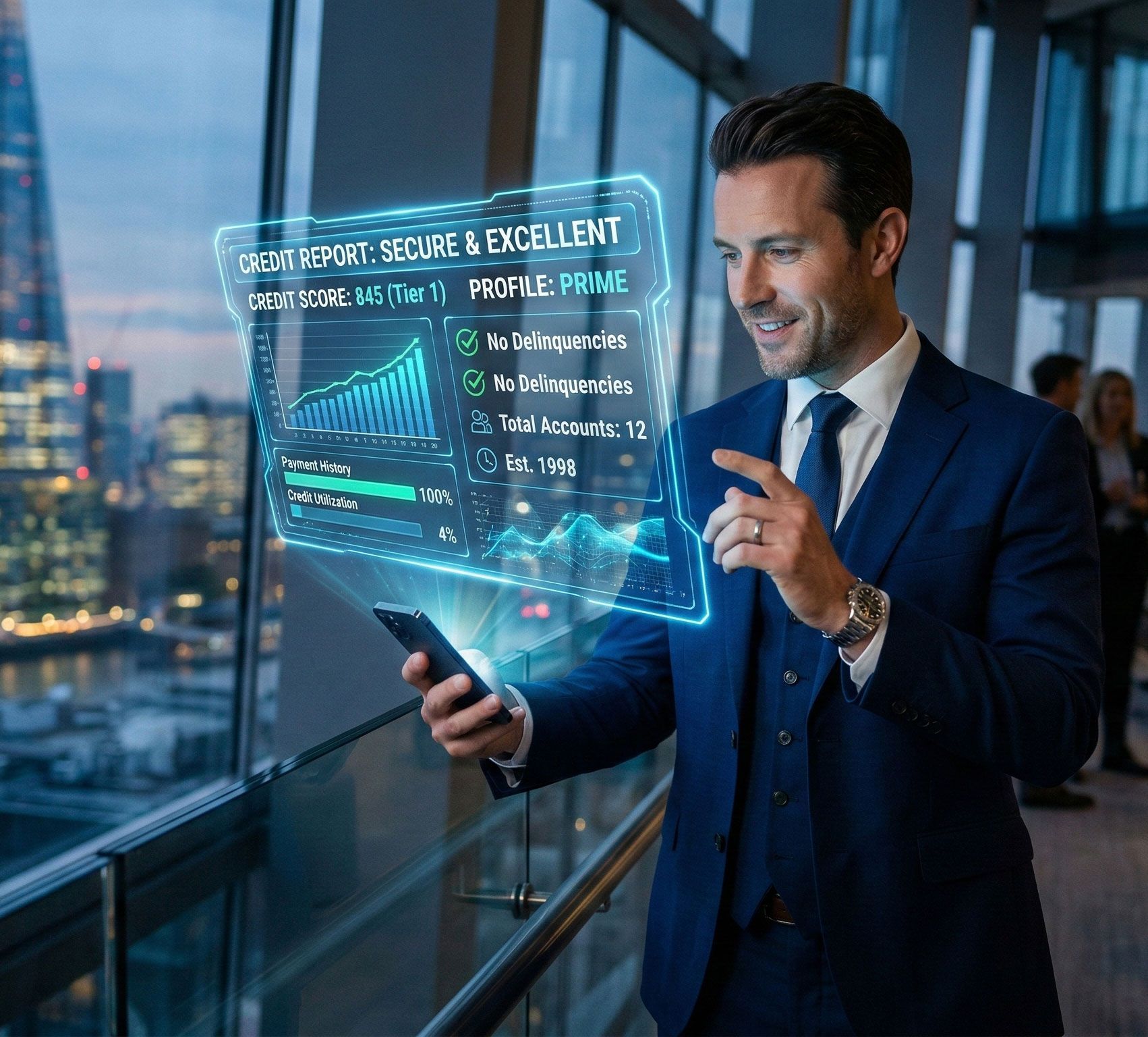 businessman viewing financial data and credit insights on smartphone app