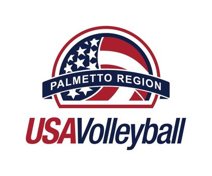 A red, white, and blue USA Volleyball Palmetto Region logo.