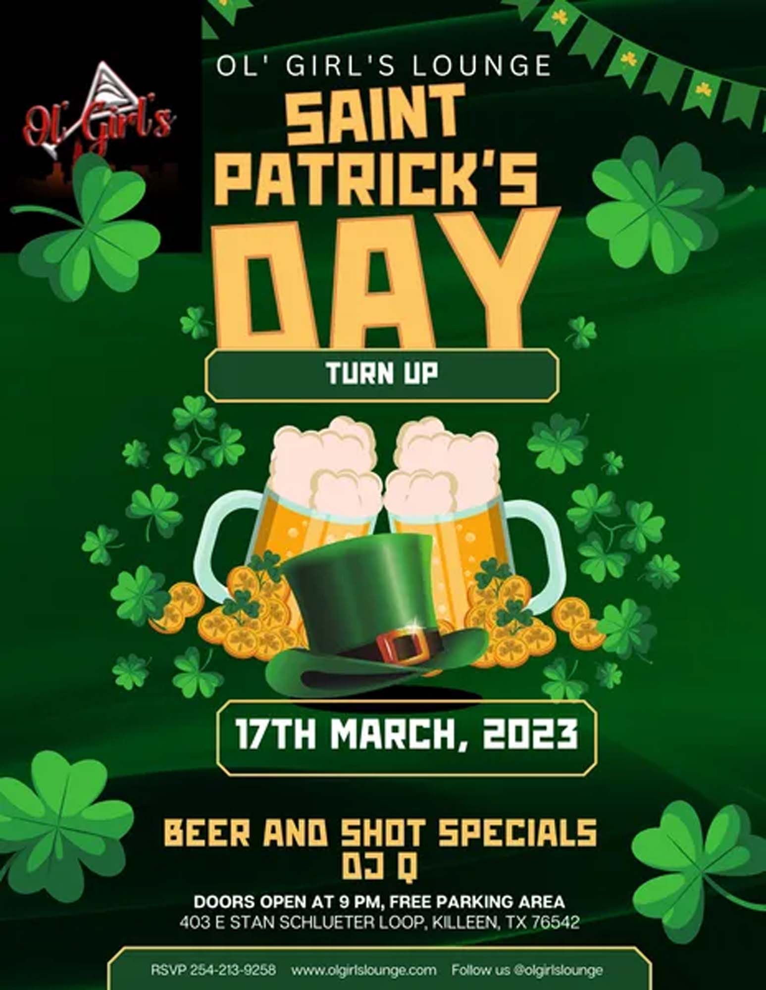 A poster for saint patrick 's day with beer and shot specials