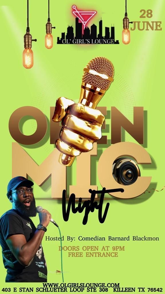A man is singing into a microphone on a poster for an open mic night.